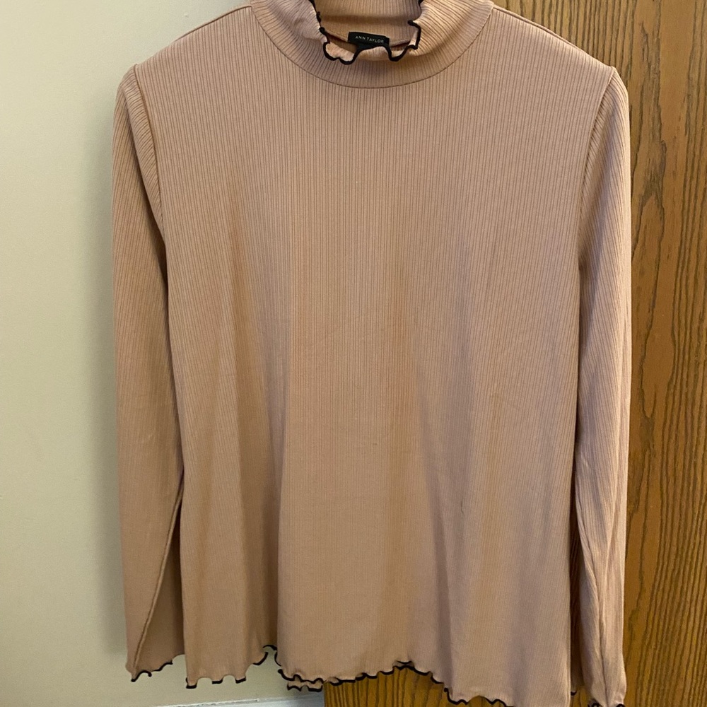 Tan long sleeve with black ruffle trim